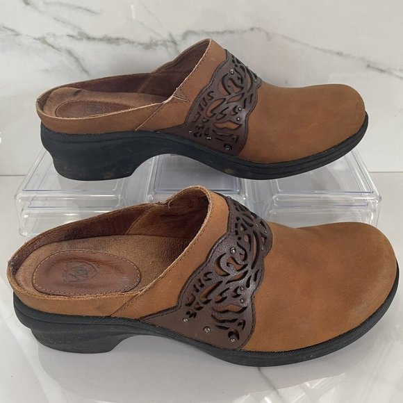 Ariat Shoes - Womens Ariat Clogs Brown Tan Leather Mules Slip On Size 8